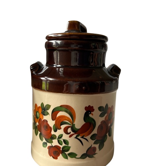 Vtg McCoy Small Canister Rooster Cream Milk Can Pottery Lidded + Syrup Pitcher - Picture 2 of 4